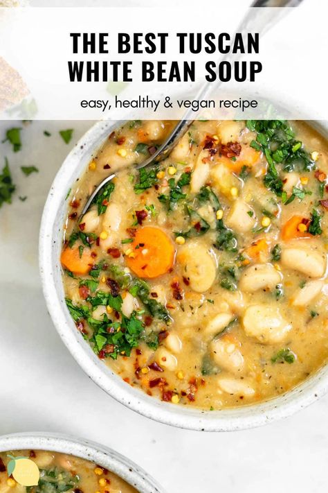 Tuscan White Bean Soup, Tuscan White Bean, White Bean Soup Recipes, Italian Herbs, Vegetarian Soup Recipes, Kale Soup, Bean Soup Recipes, White Bean Soup, Vegan Soups