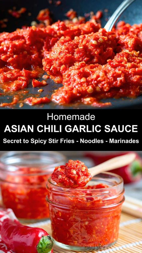 Spice up your dishes with a fiery Asian Chili Garlic Sauce! Try this quick and easy homemade spicy condiment. Perfect for stir fries, rice, soups & more. Heat up your culinary adventures by learning how to make batch at home today. Chile Garlic Sauce, Chili Garlic Paste Recipe, Huy Fong Chili Garlic Sauce Recipes, Garlic Chili Paste Recipe, Homemade Chili Garlic Sauce, Chilli Garlic Sauce Recipe, Garlic Chili Sauce Recipe, Chinese Chili Sauce Recipe, Chilli Sauce Recipe Homemade