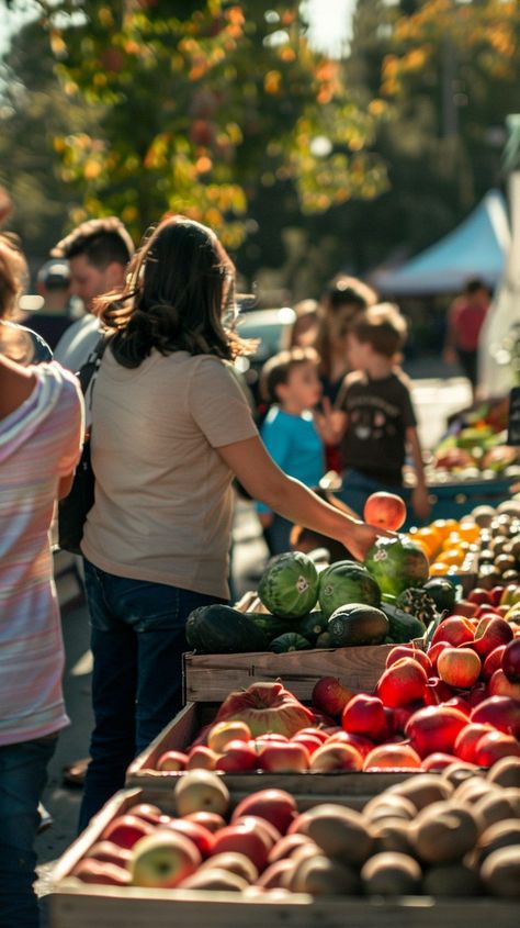 Farmers Market Day: Shoppers browse fresh produce at a bustling farmers market on a bright sunny afternoon. #market #fresh #produce #vegetables #fruits #shopping #local #community #aiart #aiphoto #stockcake https://ayr.app/l/yNBU Farmers Market Photography, Indoor Farmers Market, Farmer's Market, Farmers Market Photoshoot, Farmers Market Vendor, Produce Market, Country Summer, Farmers Market Recipes, Sprouts Farmers Market