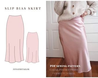 Bias Cut Skirt | Etsy Satin Skirt Sewing, Bias Cut Skirt Pattern, Slip Skirt Pattern, Satin Skirt Pattern, Bias Skirt Pattern, Cami Dress Pattern, Midi Skirt Sewing, Thrift Diy, Sewing Pdf Pattern