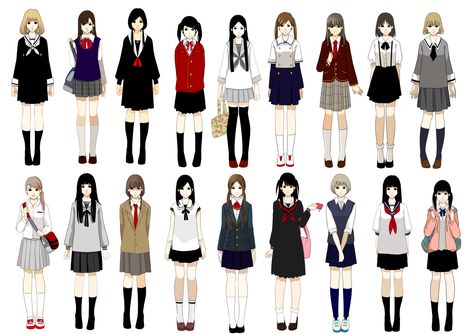 Various school uniforms including seifuku Japan School Uniform, Japanese Uniform, Anime Uniform, High School Uniform, School Uniform Outfits, Art Outfits, Japanese School, Poses References, Uniform Design