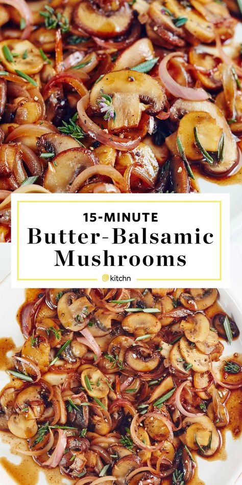 15-Minute Buttered Balsamic Mushrooms Recipe. Looking for ideas for side dishes for you steak dinner? These easy sauteed shrooms are easy and healthy! You'll need garlic, rosemary, thyme, soy sauce, brown sugar, shallots. Easy Dinner Steak, Ideas For Side Dishes, Mushroom Side Dishes, Balsamic Mushrooms, Mushroom Recipes Healthy, Dinner Steak, Mushroom Dish, Vegetable Side, God Mat