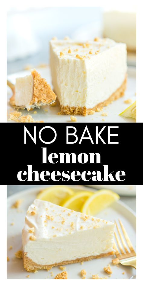 This easy No Bake Lemon Cheesecake recipe is perfect for a hot summer day! When you don't want to have the oven on, but need a delicious dessert, no bake cheesecake is the way to go! The filling only has four ingredients and the crust is made with Golden Oreos and butter. YUM! No Bake Summer Cheesecake, No Bake Lemon Tart, No Bake Lemon Cheesecake Recipes, No Bake Cheesecake Lemon, No Bake Lemon Desserts, No Bake Cheesecake Recipes Easy, Lemon No Bake Cheesecake, Easy Cheese Cake, Easy Cheesecake Recipes No Bake