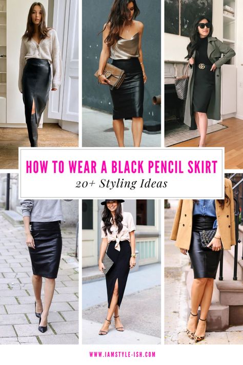 20+ easy ideas to style a black pencil skirt Outfits With Black Pencil Skirt, Work Pencil Skirt Outfit, How To Style A Black Leather Skirt, How To Style Black Leather Skirt, Pencil Skirt Work Outfits, Black Pencil Skirt Outfit Ideas, Casual Leather Skirt Outfit, Black Leather Skirt Outfit Winter, Pencil Skirt Outfits For Work