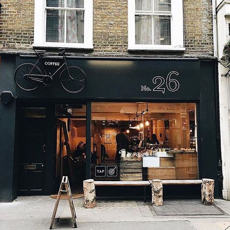 London Coffee Shop, Coffee Signage, Bicycle Shop, Online Shop Design, Shop Fronts, Shop Front Design, Shop Front, Shop Window Displays, Shop Plans