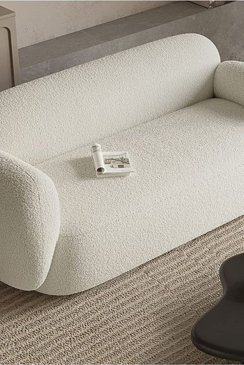 White Sherpa Couch Living Room, White Fluffy Sofa Living Room, Boucle Room Aesthetic, White Boucle Sofa Living Room, Mini Room Couch, Bedroom With Small Couch, White Boucle Sofa, Boucle Couch Living Room, Boucle Sofa Living Room