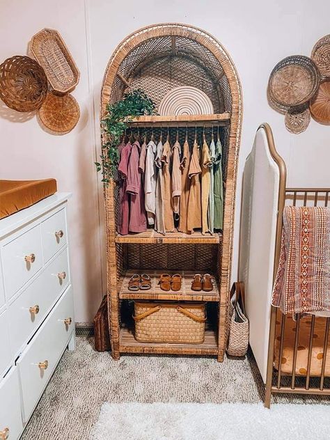 Boho Rattan Nursery, Rattan Bookshelf Nursery, Wicker Shelf Nursery, Retro Boho Nursery, 70s Aesthetic Nursery, Boho Nursery Furniture, Boho Eclectic Nursery, 70s Themed Nursery, Rattan Baby Nursery