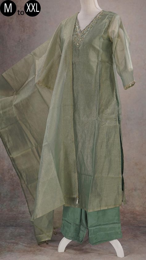 Sage Green Shimmer Tissue Crush Embroidered Kurti Palazzo Dupatta Indian Ethnic Women Party Wear Silk set Pakistan Festive Dress Kurta V Neck Kurtis, Crush Fabric, Festive Dress, Kurti Palazzo, Simple Frocks, Embroidered Kurti, Silk Kurti, Kurti Sets, Kurta Dress