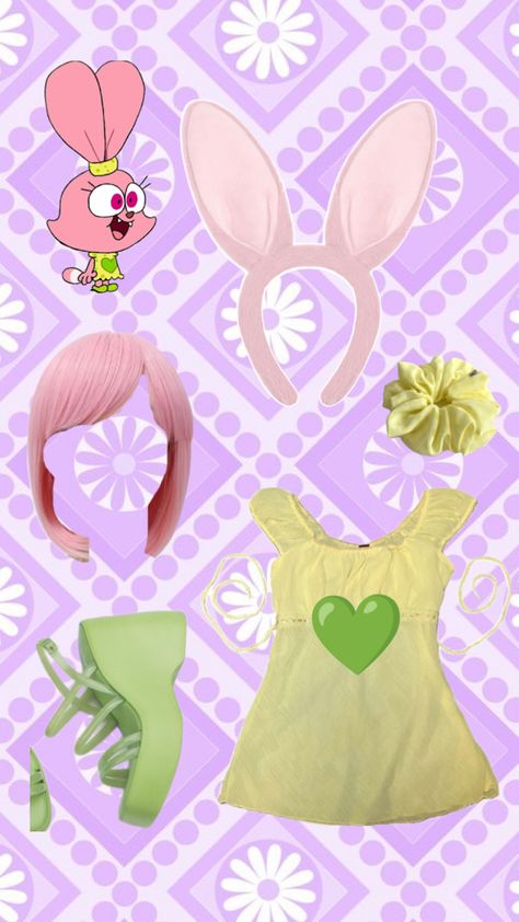 Moodboard with Panini from Chowder, pale dress with green heart for cosplay, green shoes, pink bunny ears and wig, and pale yellow scrunchie, with a light purple background. Chowder Cartoon, Cartoon Halloween Costumes, Cute Couples Costumes, Scary Halloween Decorations Outdoor, Horror Halloween Costumes, Clever Halloween Costumes, Duo Halloween Costumes, Unique Halloween Costumes, Scary Halloween Decorations