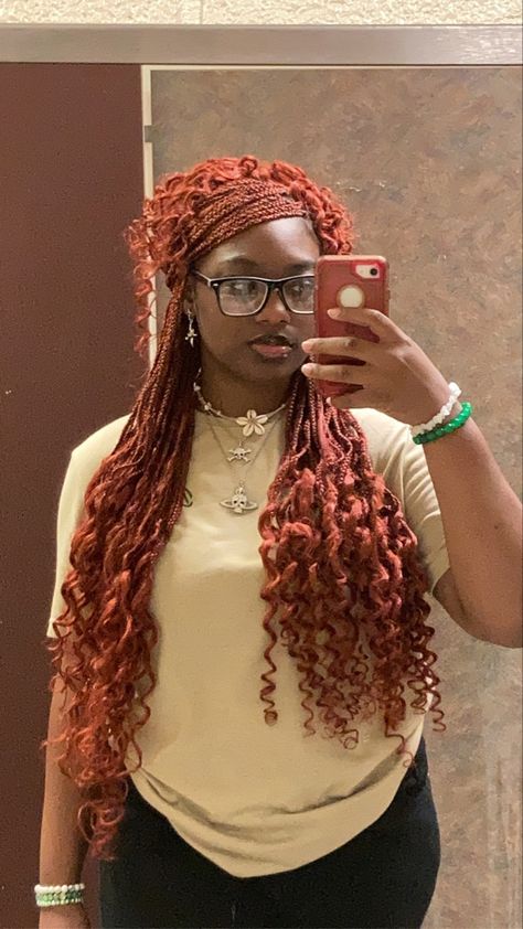 Hairstyles For Bohemian Box Braids, Ginger Hair Box Braids, Ginger Bohemian Box Braids, Bohemian Braid Hairstyles, Braids With Curls Red, Ginger Braids Hairstyles, Ginger Boxbraids, Ginger Red Braids, Bohemian Braid Styles