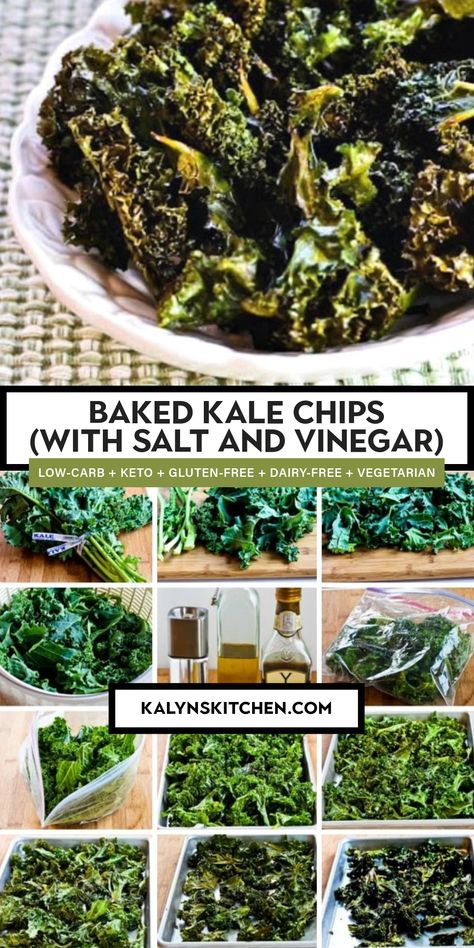 Pinterest image for Baked Kale Chips in a white serving bowl on a green and white woven napkin and procedure images below for making this recipe. Salt And Vinegar Kale Chips, Baked Kale Chips Oven, Roasted Kale Chips, Baked Kale Chips, Kale Chips Recipe, Salt And Vinegar Potatoes, Kale Chips Baked, Baked Kale, Keto Appetizers