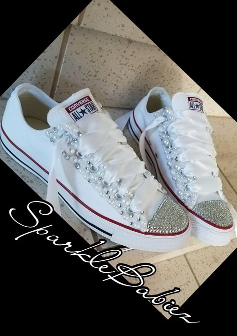 Bling & Pearl Chuck Taylor All Star Converse Wedding Bridal Shoes Converse Bling Shoes, Bedazzled Chucks, Shoe Transformation, Bridal Shoes Sneakers, Blinged Shoes, Madrid Wedding, Sneaker Quotes, Bedazzled Converse, Bedazzled Shoes Diy