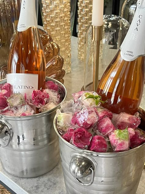 Ice Containers For A Party, Rose Wine Party, Mid Summer Party, Rose Ice Cubes, Girls Brunch Party, Pjs And Prosecco, Fancy Dinner Ideas, 30th Birthday Theme, 27th Birthday Party