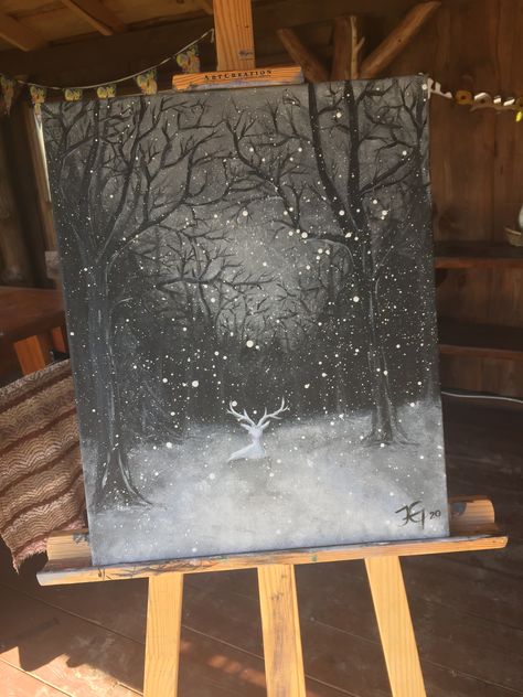 Snowy Forest Drawing, Snowy Night Painting, Snowy Forest Painting, Construction Painting, Hogwarts Silhouette, Winter Scene Paintings, English Project, Acryl Painting, Winter Drawings