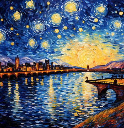 Art Piece inspired by Van Gogh Van Gogh's "The Starry Night" is renowned for its swirling sky and expressive brushwork, capturing the beauty of the night sky over Saint-Rémy-de-Provence. Imagine adding a serene lake and a charming bridge to the scene. Inspired by Van Gogh's eclectic style and love for nature, this rendition enhances the tranquility of the nighttime landscape. Join the community! Starry Night Style Painting, Van Gogh Inspired Paintings, Van Gogh Inspired Art, Nighttime Landscape, Academia Library, Dark Academia Library, Migraine Awareness, Van Gogh Landscapes, Gogh The Starry Night