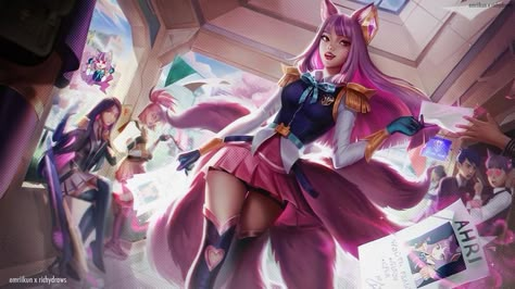 • @emriikun in collaboration with @richydraws on twitter Academy Ahri, Battle Academia, Ahri Skins, Ahri Wallpaper, Ahri Lol, Champions League Of Legends, League Of Legends Comic, Ahri League, League Of Legends Characters