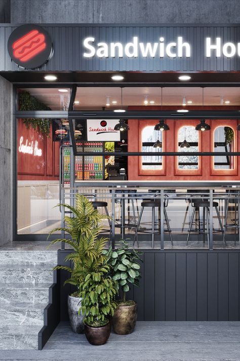 Small sandwich place interior design 🌭 House Facade Design, Interior Design Industrial, Small Restaurant Design, Sandwich Restaurant, Small Restaurant, Sandwich Shop, House Facade, Sandwich Shops, 3d Studio