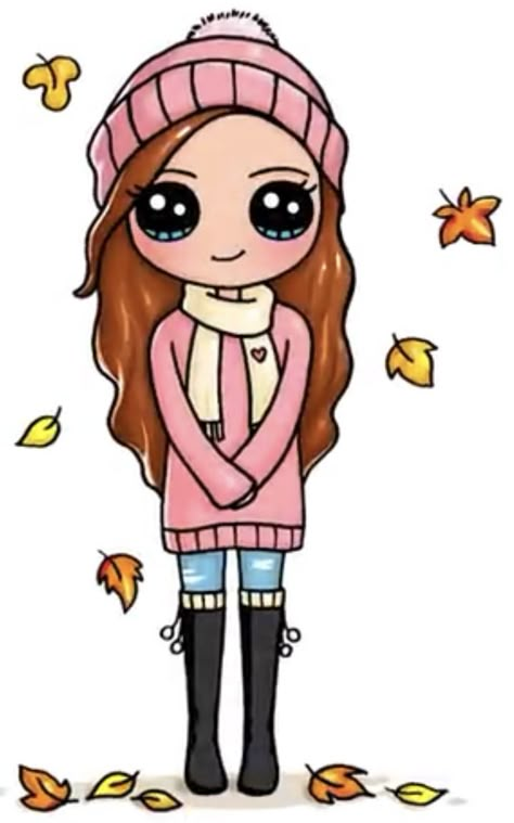 Draw So Cute People, Kawaii People, Kawaii Girl Drawings, Girl Drawing Easy, Doll Drawing, Fall Girl, Cute Kawaii Animals, Kawaii Illustration