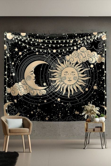 Sun and Moon tapestry, crafted from high-quality polyester fiber. The tapestry features a unique design of the sun and moon, adorned with clouds and dotted with stars, creating a mystical and psychedelic vibe. Perfect for living rooms, bedrooms, dorms, or any space, it can be used as a wall hanging, blanket, etc. Dark Spiritual, Tapestry Bed, Hanging Room Decor, Tapestry Aesthetic, Sun And Moon Tapestry, Aesthetic Sun, Moon Tapestry, Art Tapestry, Tapestry Wall Art