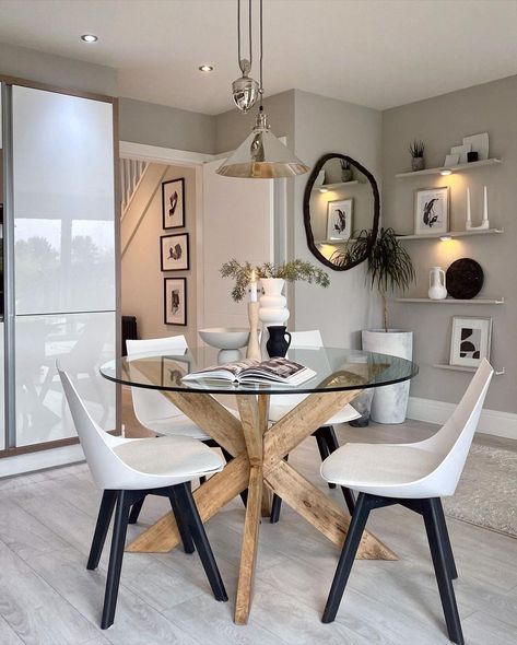 Small Round Glass Kitchen Table, Glass Round Table Decor, Condo Dining Table Small Spaces, Circular Glass Dining Table, Cute Small Dining Table, Circle Dining Table Design, Glass Dining Table Round, Modern Round Dining Room Table Wood, Glass Round Dining Table Decor