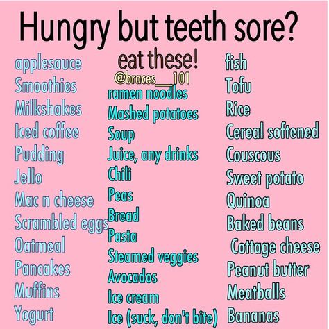 There's so much more like cheesecake, custard, kiwi, cake, brownies, blueberries, lunch meat, etc. but I couldn't fit it! #braces #problems #sore #teeth #ortho ##orthodontist #orthodontics #journey #straight Braces Friendly Food, Wisdom Teeth Recovery Tips, Soft Food For Braces, Cheesecake Custard, Teeth Invisalign, Braces Hacks, Braces Problems, Braces Journey, Braces Care