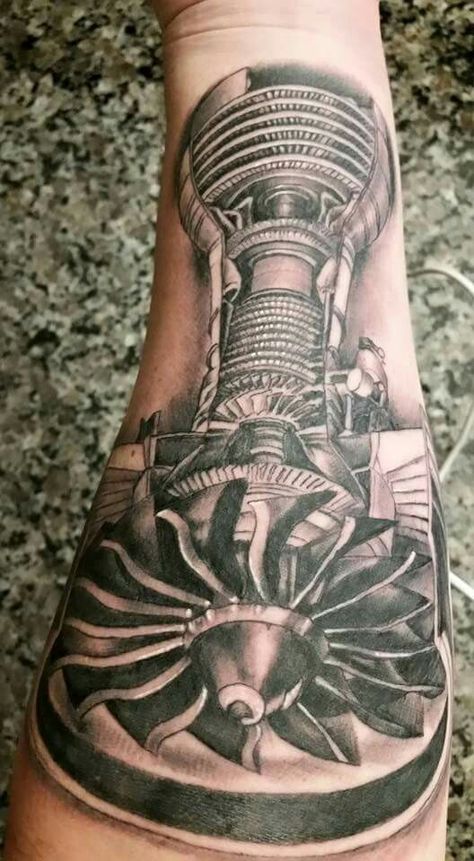 Jet engine Jet Engine Tattoo, Jet Tattoo Ideas, Engine Tattoo Design, Airplane Mechanic Tattoo, Steam Engine Tattoo, Propeller Tattoo, Jet Tattoo, Aviation Tattoos, Jamie Tattoo