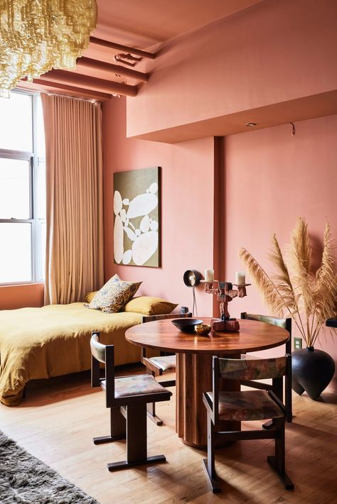 Terracotta Pink Bedroom, Pink And Brown Interior, Pink Paint Bedroom, Pink Living Room Paint, Coloured Ceiling, Apartment Pink, Pink Interior Design, Green Acrylic Painting, Art Above Couch