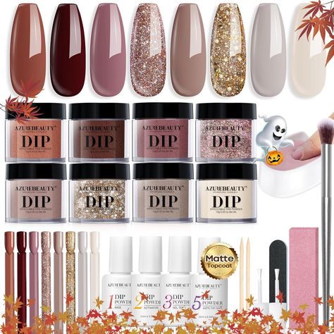 🎁【Upgraded 30Pcs Starter Kit】Up to 30 Pcs all-in-1 fall winter dip nails powder starter kit contains: 8*10g (0.33oz) color powder, 4*10ml dip powder liquid set(base coat/activator/top coat/matte top coat), 2*liquid brush replacement, 1*nail brush,1*nail file, 1*nail polishing block, 1*dip powder recycling tray. What's more, 10*nail swatch sticks and 2*orange wood stickers are added in the kit for color testing as well as ease of use. Dip Nail Colors, Dip Manicure, Halloween Manicure, Autumn Nail, Nail Effects, Nail Art Salon, Nail Remover, Nail Dip, Led Nail Lamp