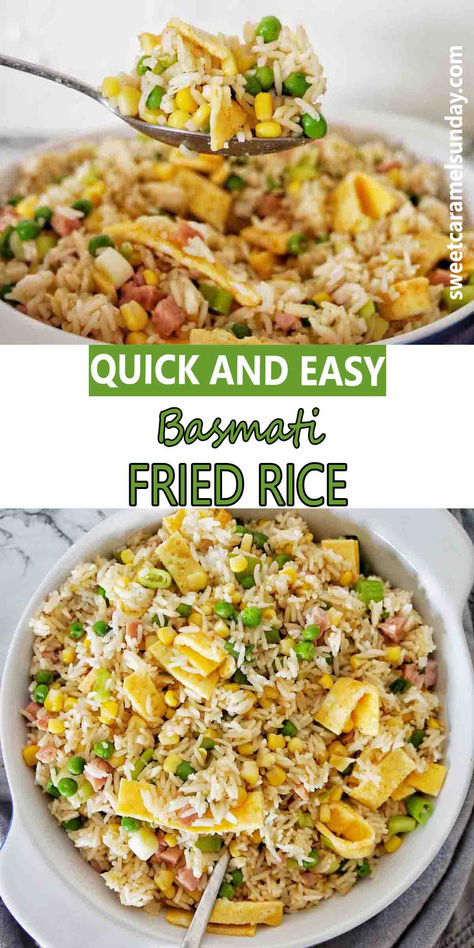 Spoon holding fried rice above white bowl of the same. There is text written between 2 images. Basmati Fried Rice, Basmati Fried Rice Recipes, Fried Basmati Rice, Leftover Basmati Rice, Basmati Rice Recipes Easy, Plain Fried Rice, Homemade Fried Rice, Basmati Rice Recipes, Fried Rice With Egg