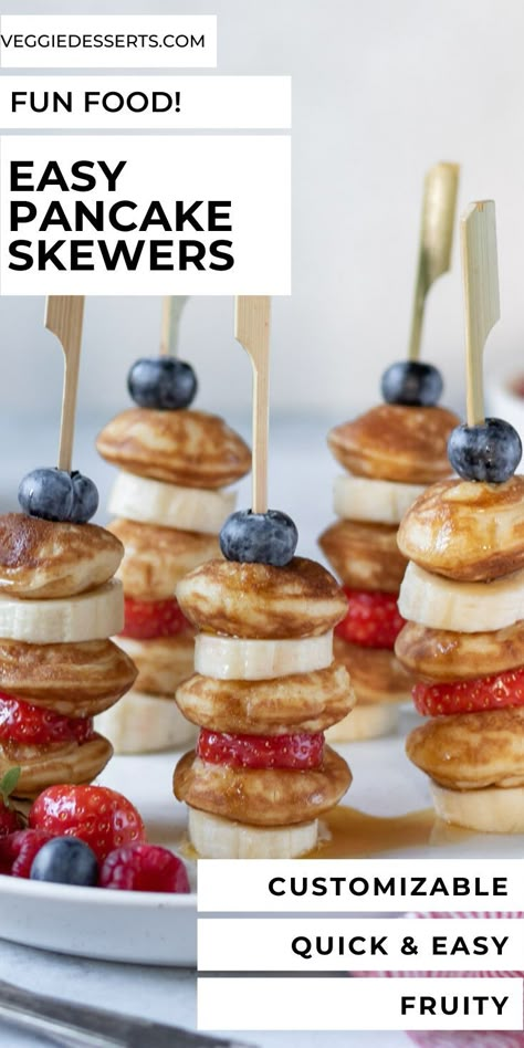 Strawberry Donut Kabobs, Mini Pancake Stacks Brunch, Mini Pancake Appetizers, Mini Pancake Kabobs, Mini Flapjack Skewers, Fresh Brunch Ideas, Small Pancakes Ideas, Mini Pancake Skewers Brunch Ideas, Individual Brunch Ideas