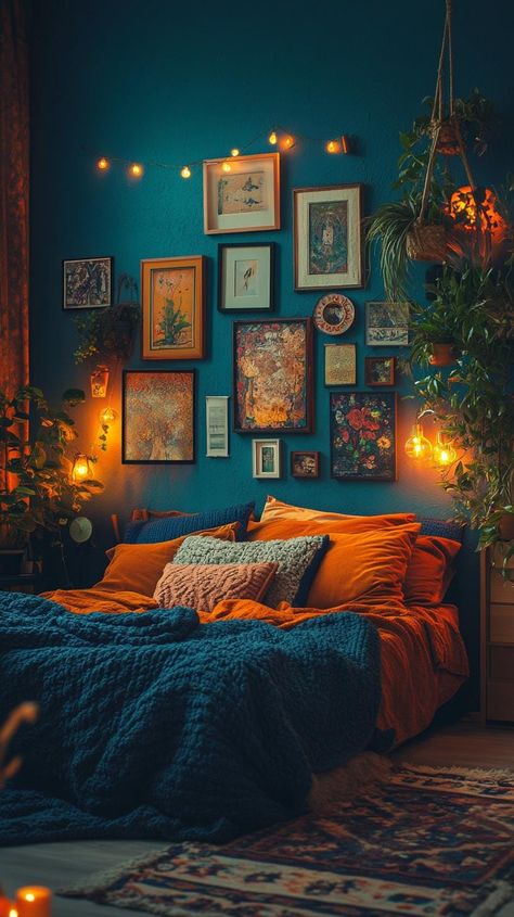 Aphrodite Bedroom, Dark Whimsical Bedroom, Vibrant Bedroom Ideas, Low Wooden Bed Frame, Moody Boho Bedroom, Cozy Eclectic Bedroom, Jewel Tone Bedroom, Vibrant Bedroom, Turquoise Bedroom