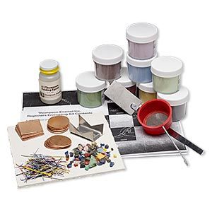 Starter set contains everything you need to create enameled jewelry except the heat source. Enamel is essentially granules of glass that are applied to metal. A torch or kiln is used to fuse the glass onto the metal surface. Copper and fine silver are the ideal metals to use when working with enamel. Set provides an ideal way to start your own enameling workshop or to enhance enameling supplies you already have. Set includes: instructions, trivet, spatula, hot pad, 2-inch sifter, 2-fluid ounces Torch Fired Enamel Jewelry Fire Mountain Gems And Beads, Torch Fired Enamel Jewelry, Enameling Jewelry, Instructional Materials, Enameled Jewelry, Mixed Media Supplies, Enameled Copper, Jewelry Making Project, Metal Surface