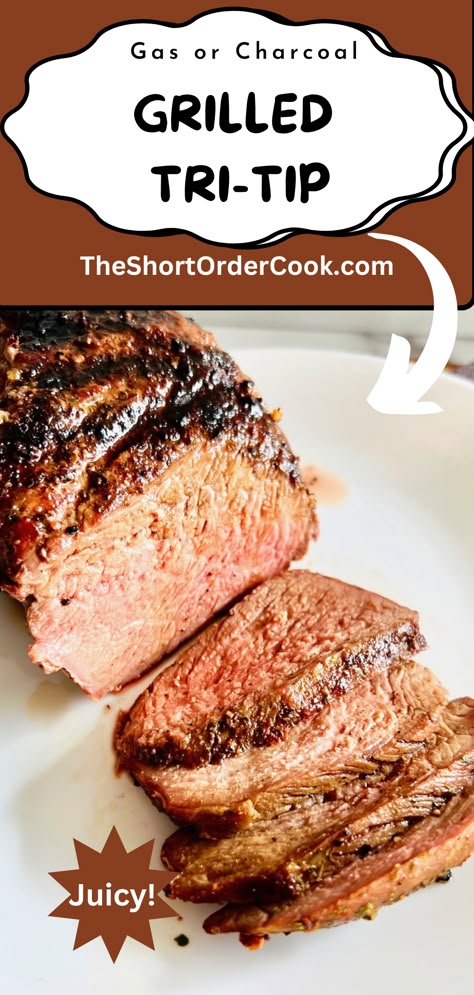 Sliced roast of try tip cooked on the grill. Bbq Tri Tip Recipes Grilled, Roast On The Grill, Tip Steak Recipes, Tri Tip Recipes, Grilled Tri Tip, Bbq Tri Tip, Tri Tip Steak Recipes, Tritip Recipes, Charcoal Grill Recipes