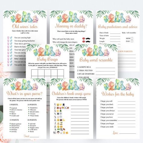 "8 printable 5x7 inch dinosaur themed baby shower games. ● Download available immediately after purchase from your Etsy account Purchases and reviews section here: http://www.etsy.com/your/purchases ● Files must be downloaded from a desktop computer or a laptop. ● All games are formatted as separate PDF files and come in two sizes - single game 5x7 inch PDF for printing at a print shop or on a precut paper and full page 8.5x11 PDF with two games and cut marks to save on paper. For best results p Baby Dino Baby Shower Ideas, Dinosaur Baby Shower Ideas Decoration, Dinosaur Themed Baby Shower Ideas, Baby Shower Dinosaur Theme, Boy Baby Shower Ideas Dinosaur, Dinosaur Baby Shower Games, Dino Baby Shower Games, Dollar Tree Dinosaur Baby Shower, Dinosaur Baby Shower Games Boys