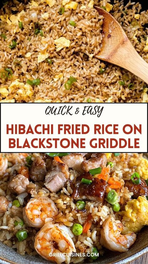 "Whip up restaurant-quality Hibachi Fried Rice on your Blackstone flat top grill! Packed with savory flavors, fresh veggies, eggs, and a hint of soy sauce, this easy-to-make fried rice is perfect for family dinners, BBQs, or meal prep. A must-try recipe that brings the taste of hibachi right to your backyard!" Fried Hibachi Rice, Hibachi Fried Rice Easy, One Pot Hibachi Skillet, Black Stone Rice Recipes Copycat Hibachi Fried Rice, Black Stone Griddle Fried Rice, Fries Rice On Blackstone, Blackstone Chicken Fried Rice Recipe, Hibachi Chicken Fried Rice On Blackstone Griddle, Black Stone Shrimp Fried Rice, Blackstone Fried Rice Recipe Hibachi, Flat Top Recipes Dinners, Hibachi Shrimp Fried Rice