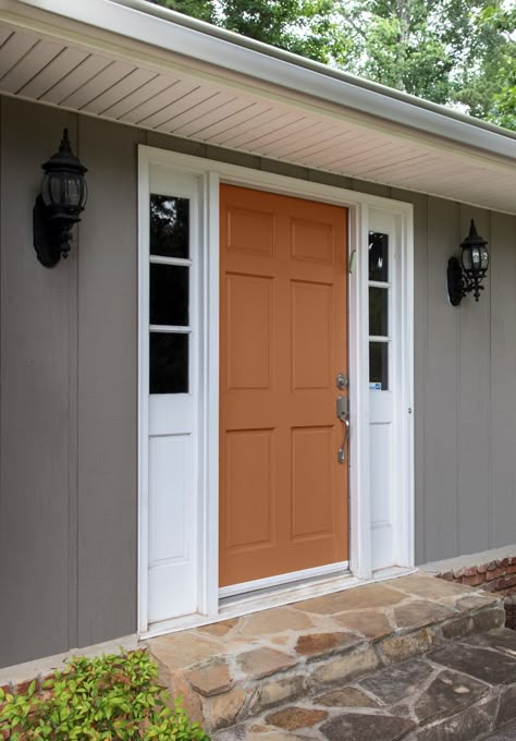 Behr Maple Glaze Front Door, Maple Glaze Behr Paint, Maple Glaze Paint Color, Copper Color Front Door, Behr Maple Glaze, Eggs And Toast, Orange Front Doors, Exterior Door Colors, Color Of The Month