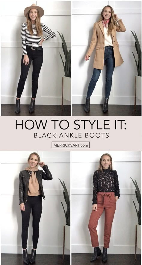 4 ways to wear it: black bootie outfits Work Outfit With Chelsea Boots, Brown Bootie Outfits Winter, Fall Work Outfits Boots, Work Outfits Chelsea Boots, Black Ankle Boots Outfit Spring, Black Pants Boots Outfit, Outfits With Small Boots, Outfits For Ankle Boots, Black Boot Work Outfit