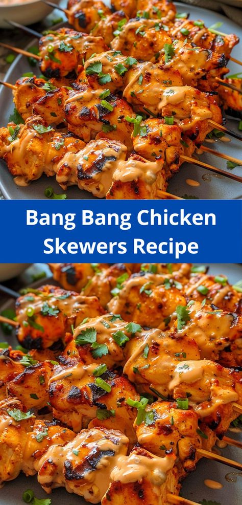 Enjoy spicy Bang Bang Chicken Skewers, a quick and easy meal packed with flavor! Bang Bang Chicken Skewers, Bang Bang Chicken, Chicken Skewer Recipe, Chicken Sandwich Recipes, Skewer Recipes, Favorite Recipes Dinner, Chicken Kebabs, Chicken Skewers, Spicy Sauce