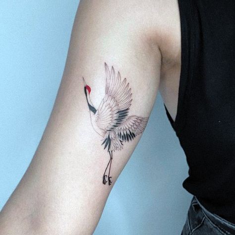 Top 100 Best Crane Tattoos For Women - Beautiful Bird Design Ideas Crane Tattoos For Women, Whooping Crane Tattoo, Two Cranes Tattoo, Origami Bird Tattoo, Crane Bird Tattoo, Bicep Tattoo Women, Bird Tattoos For Women, Origami Tattoo, Crane Tattoo