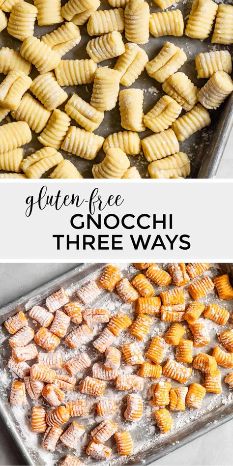 Fluffy homemade gluten-free gnocchi! This gnocchi guide tells you everything you need to know to make pillowy soft gnocchi and includes sweet potato gnocchi and butternut squash gnocchi variations. Trendy Recipes, Gluten Free Gnocchi, Gluten Free Sweet Potato, Dairy Free Pasta, Sweet Potato Gnocchi, Potato Gnocchi, Dairy Free Dinner, Gluten Free Sweet, Vegan Sweet Potato