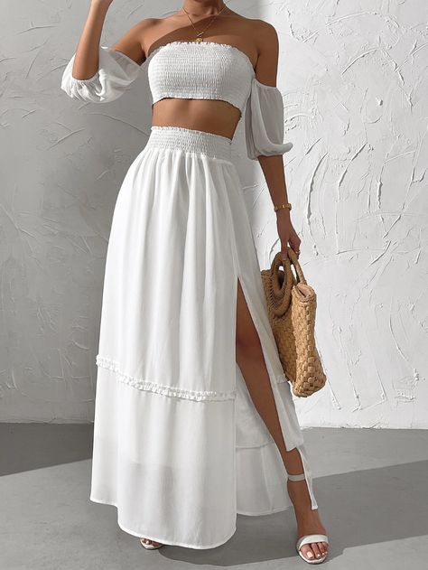 Off Shoulder Shirred Tie Back Crop Top & Split Thigh Skirt Set | SHEIN USA Two Piece White Outfit Skirt, Two Piece Maxi Skirt Set Boho, Two Piece Outfits Skirt, Caribbean Summer, Lengha Blouse Designs, Thigh Skirt, Tie Back Crop Top, Skirt Set Two Piece, Long Flowing Skirts