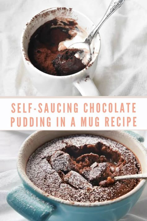 Mug Pudding Microwave, Microwave Self Saucing Pudding, College Desserts, Quick Chocolate Pudding, Microwave Pudding, Pudding For One, Microwave Chocolate Pudding, Microwave Cakes, Pudding In A Mug