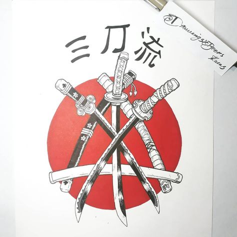 Zoro tattoo swords one piece drawing Zoro Swords Drawing, Zoro Swords Tattoo, Zoro One Piece Tattoo, Zoro Swords, Zoro Tattoo, B29 Superfortress, One Piece Tattoo, Japanese Tattoos For Men, Avatar Tattoo