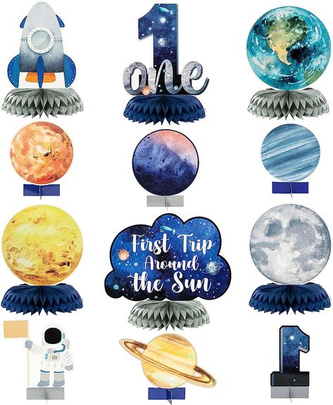 12Pcs First Trip Around The Sun One Letter Sign Party Honeycomb Table Centerpiece Outer Space 1st Birthday Party Table Decorations Planets Solar System Theme Party Supplies for Boys Baby Shower Photo Props Outer Space 1st Birthday, Space 1st Birthday, Kids Party Centerpieces, Honeycomb Table, Space Party Decorations, Birthday Party Table Decorations, First Trip Around The Sun, Boy Baby Shower Ideas, Outer Space Theme