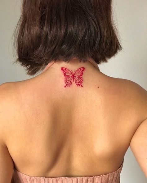 Red Tattoos. Butterfly Neck Tattoo, Unique Butterfly Tattoos, Tato Minimal, Neck Tattoos Women, Back Of Neck Tattoo, Spine Tattoos For Women, Red Ink Tattoos, Red Tattoos, Butterfly Tattoo Designs