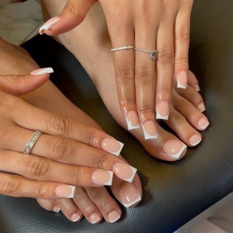 French Hands And Toes, French Tip Matching Nails And Toes, Hand And Toes Nails Matching, French Tip Hands And Toes, French Nails And Toes Matching, Cute Nails And Toes Matching, White Nails And Toes Matching, Matching Hands And Toes Nails, Matching French Tip Nails And Toes