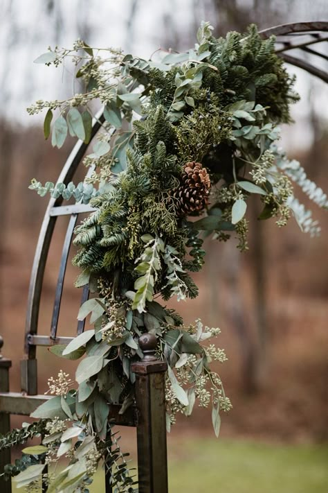 Earthy Winter Wedding, Forest Wedding Arches, Christmas Arch Wedding, Christmas Arbor Wedding, December Wedding Arch, Eucalyptus And Evergreen Wedding, Winter Arch Wedding, Pine Greenery Wedding, Evergreen Arch Wedding