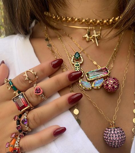 Chunky Maximalist Jewelry, Maximalism Jewelry, Overcoming Insecurities, Cherry Red Nails, Jewelry For Summer, Layered Gold Necklaces, Xoxo Jewelry, Dope Jewelry Accessories, Maximalist Style