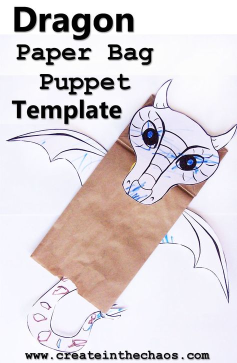 Dragon paper bag puppet - with free printable template www.createinthechaos.com Dragon Paper Bag Puppet, Dragon Template Printables, Fairytale Crafts, Dragon Template, Puppet Template, Dragon Paper, Bag Puppet, Paper Bag Princess, Diy Paper Bag