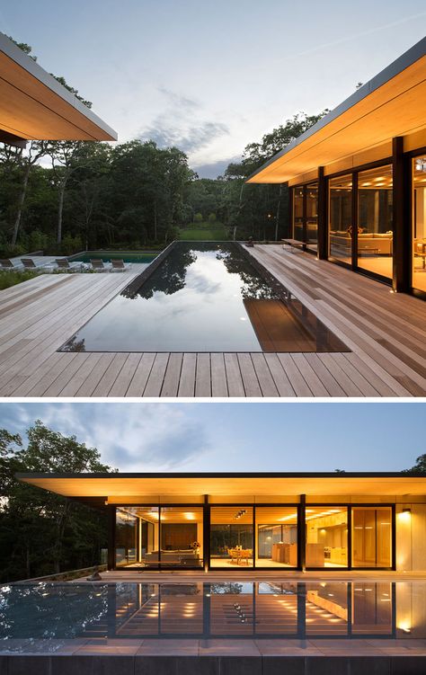 This modern house has a reflecting pool that sits between the two wings of the home. #ReflectingPool #WaterFeature Bates Masi, Reflecting Pool, Promised Land, Design Exterior, Dream House Exterior, House Goals, Villa Design, Glass House, Residential Architecture